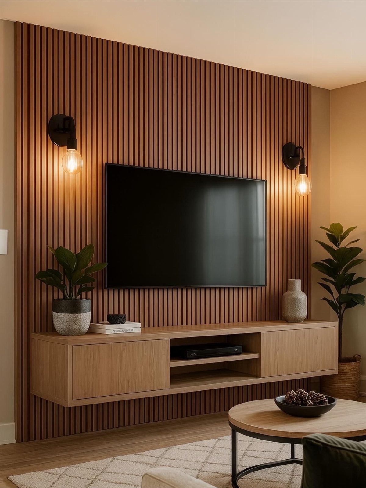 Flat-screen TV mounted on a vertical brown wood slat accent wall with floating console.