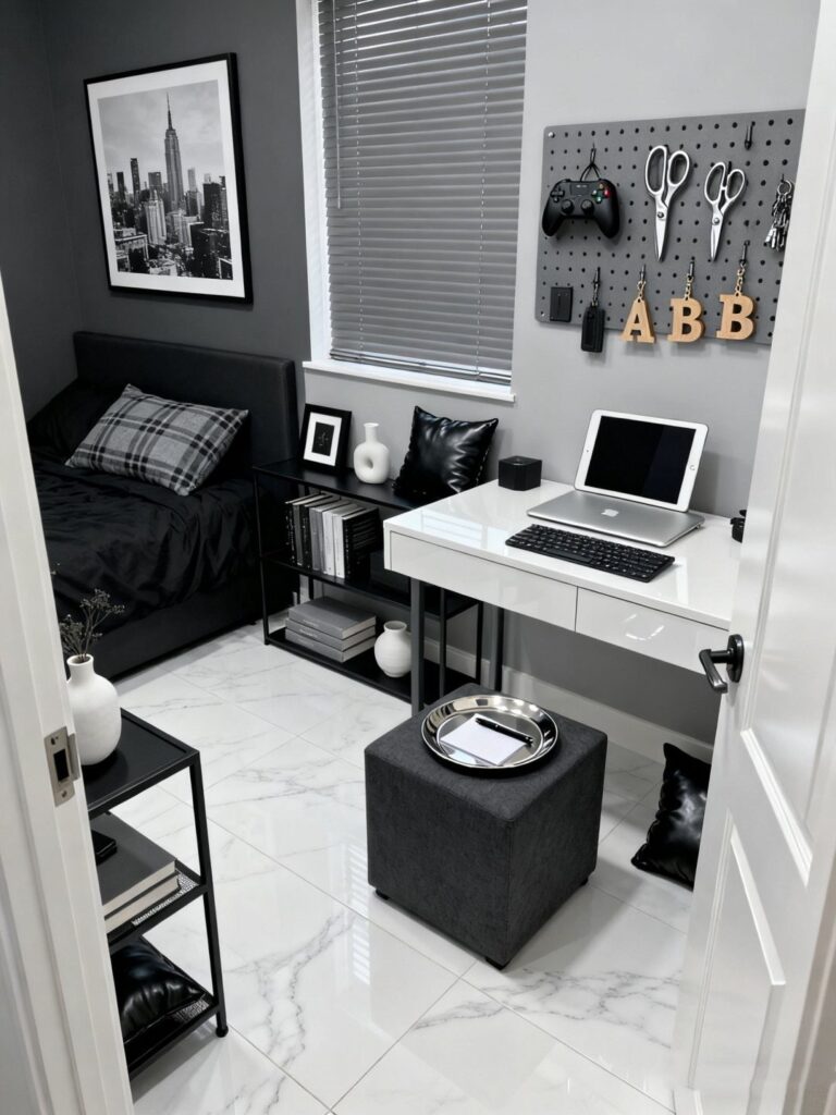 Modern grey and black bedroom with a white desk and marble flooring.
