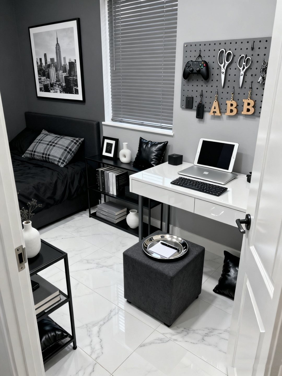 Modern grey and black bedroom with a white desk and marble flooring.