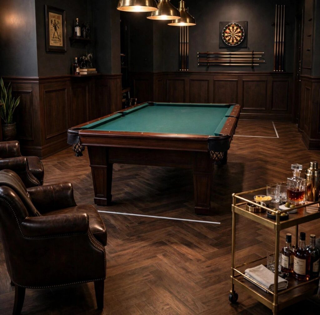 Green felt pool table in a dark wood paneled room with leather chairs.