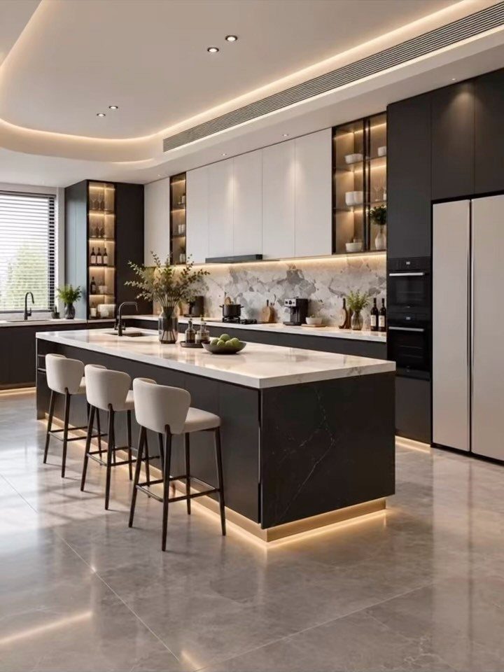 Modern kitchen with black island, white marble countertops, and contrasting black and white cabinetry.