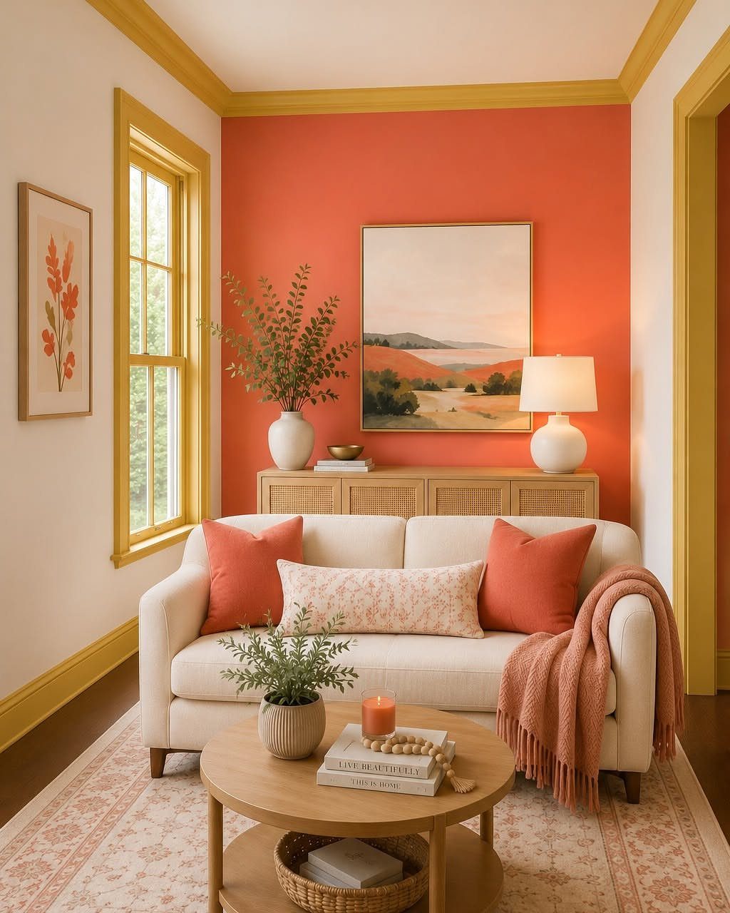 Living room with terracotta accent wall, white sofa, and warm orange decor accents.