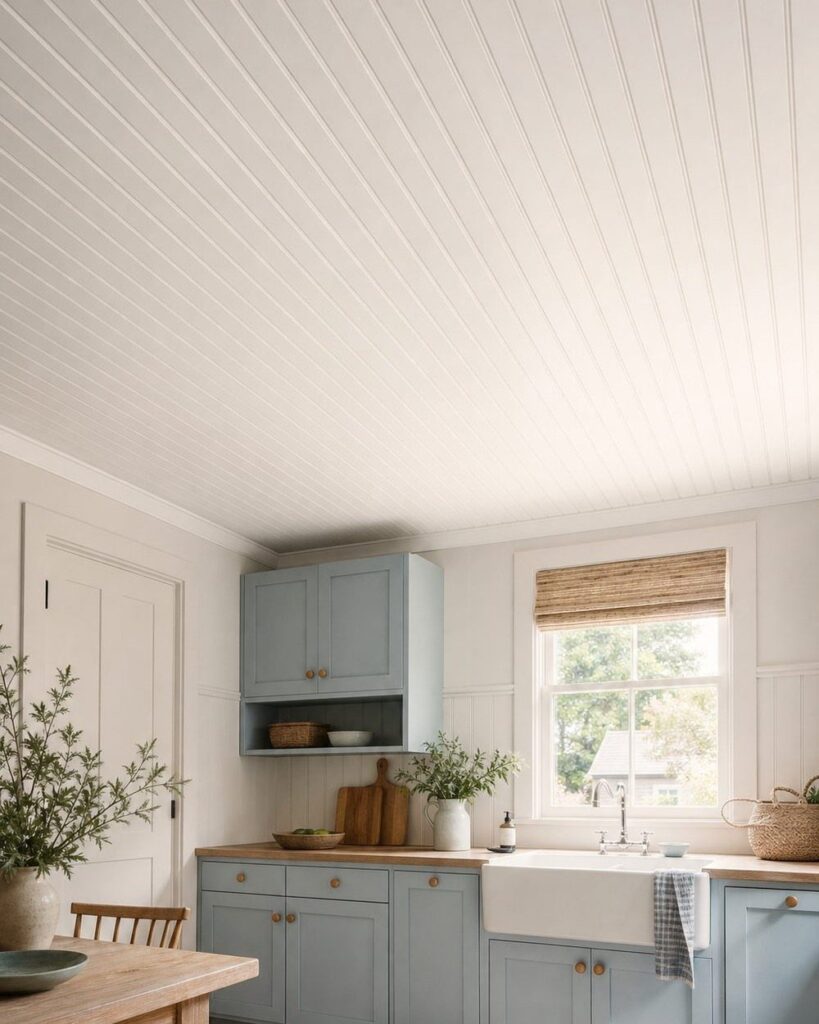 White beadboard plank ceiling in a bright kitchen with light blue cabinets