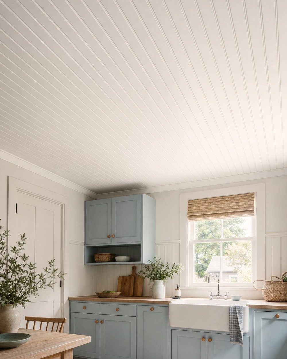 White beadboard plank ceiling in a bright kitchen with light blue cabinets