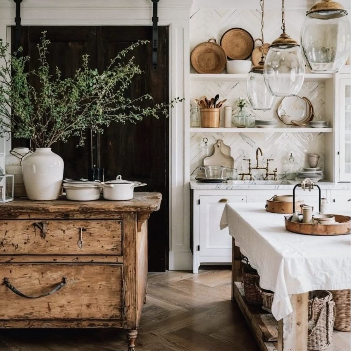 Rustic wooden dresser and white dining table in a contemporary farmhouse kitchen setting