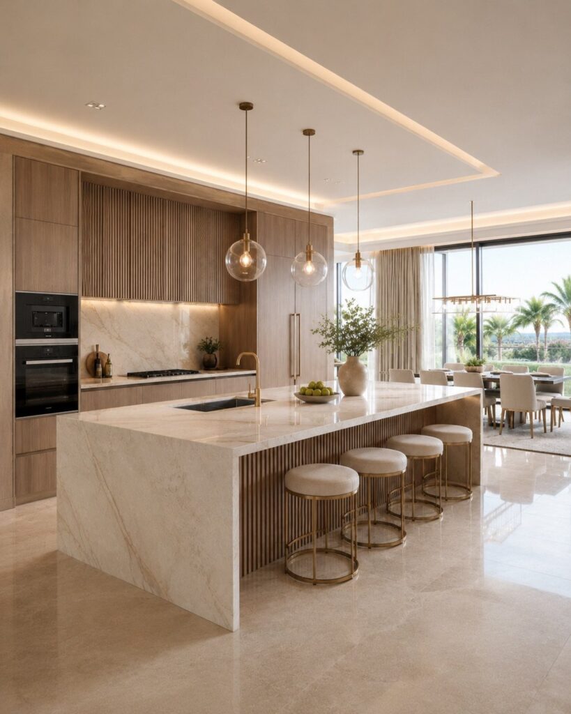 Modern luxury kitchen with white marble island, gold stools, and light wood cabinets.