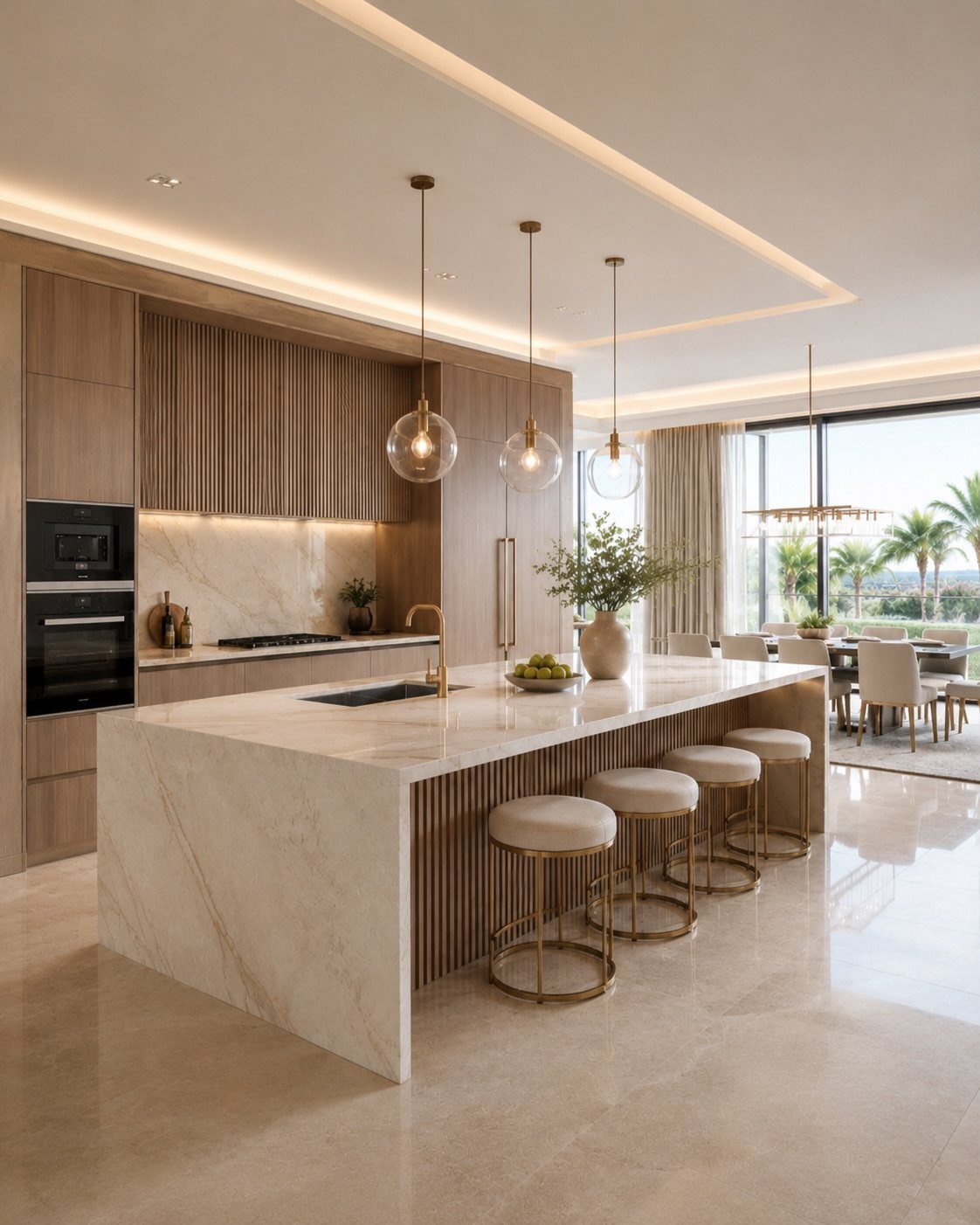 Modern luxury kitchen with white marble island, gold stools, and light wood cabinets.