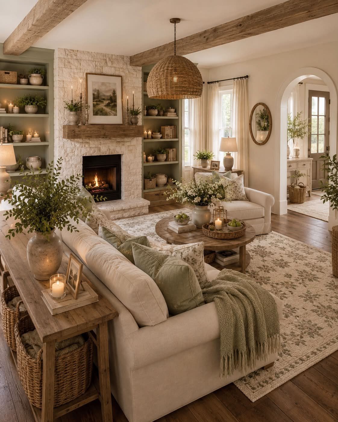 Rustic living room with stone fireplace, wooden beams, and neutral cream furniture.