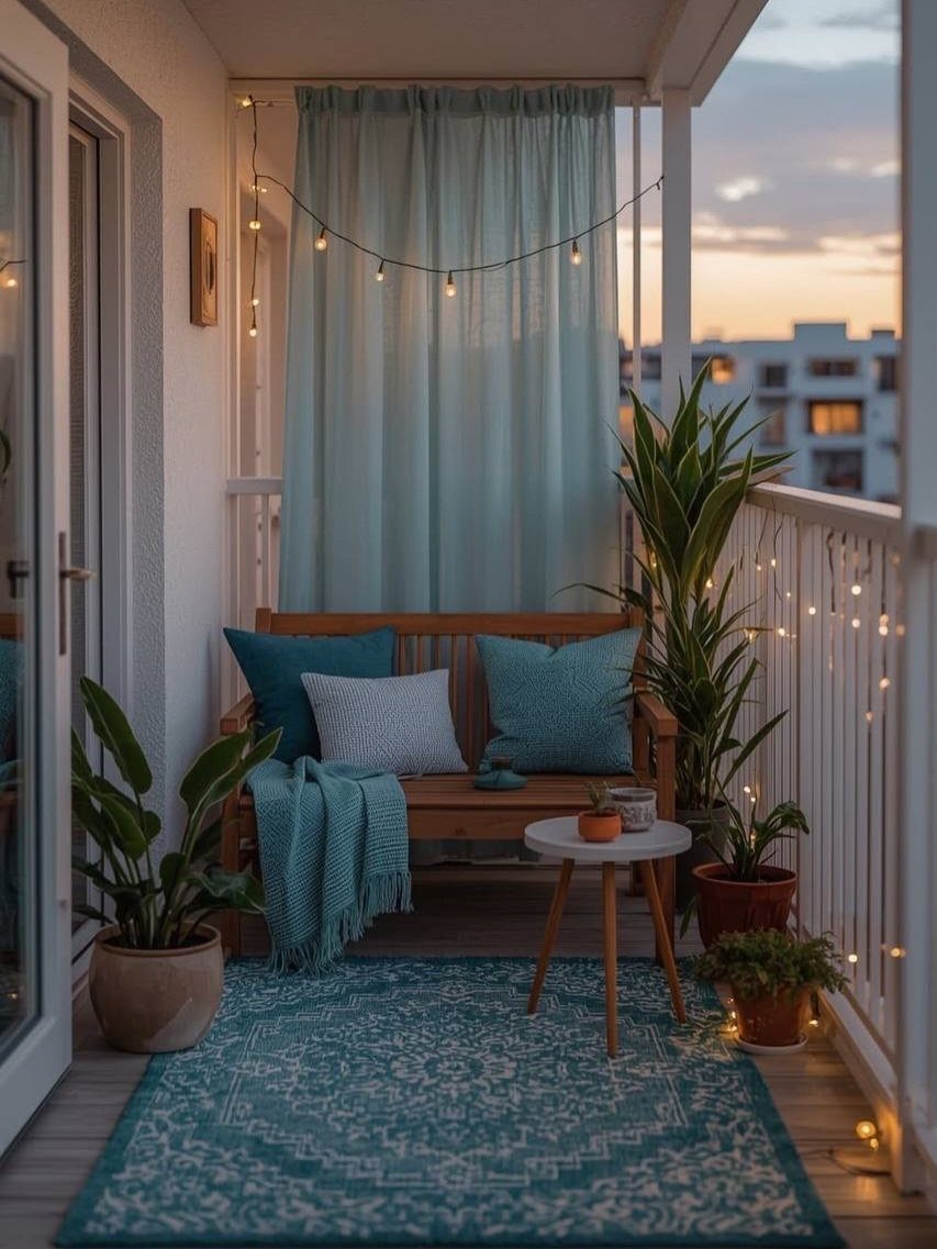 Cozy small balcony with blue decor, wooden bench, string lights, and potted plants.