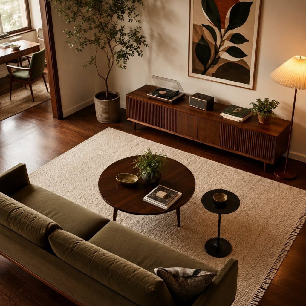Olive green sofa and dark wood furniture in a mid century modern living room