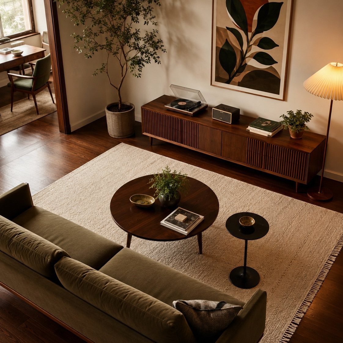 Olive green sofa and dark wood furniture in a mid century modern living room