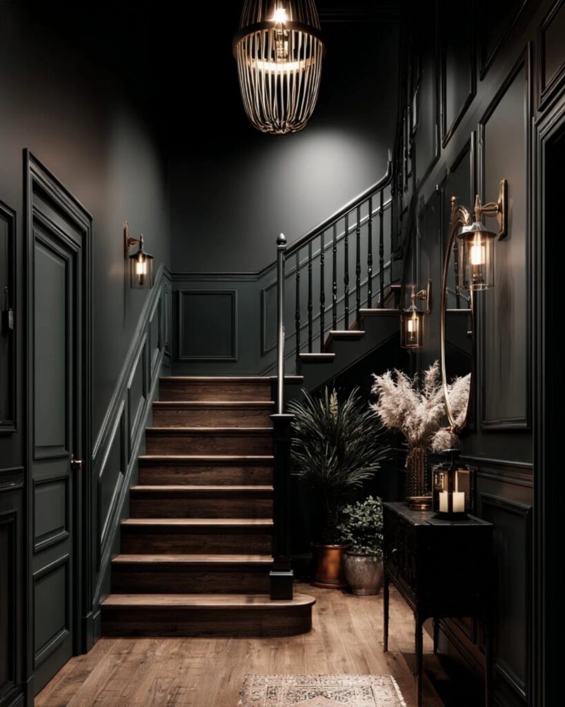 Dark wood stairs and flooring in a charcoal grey paneled hallway with warm lighting.