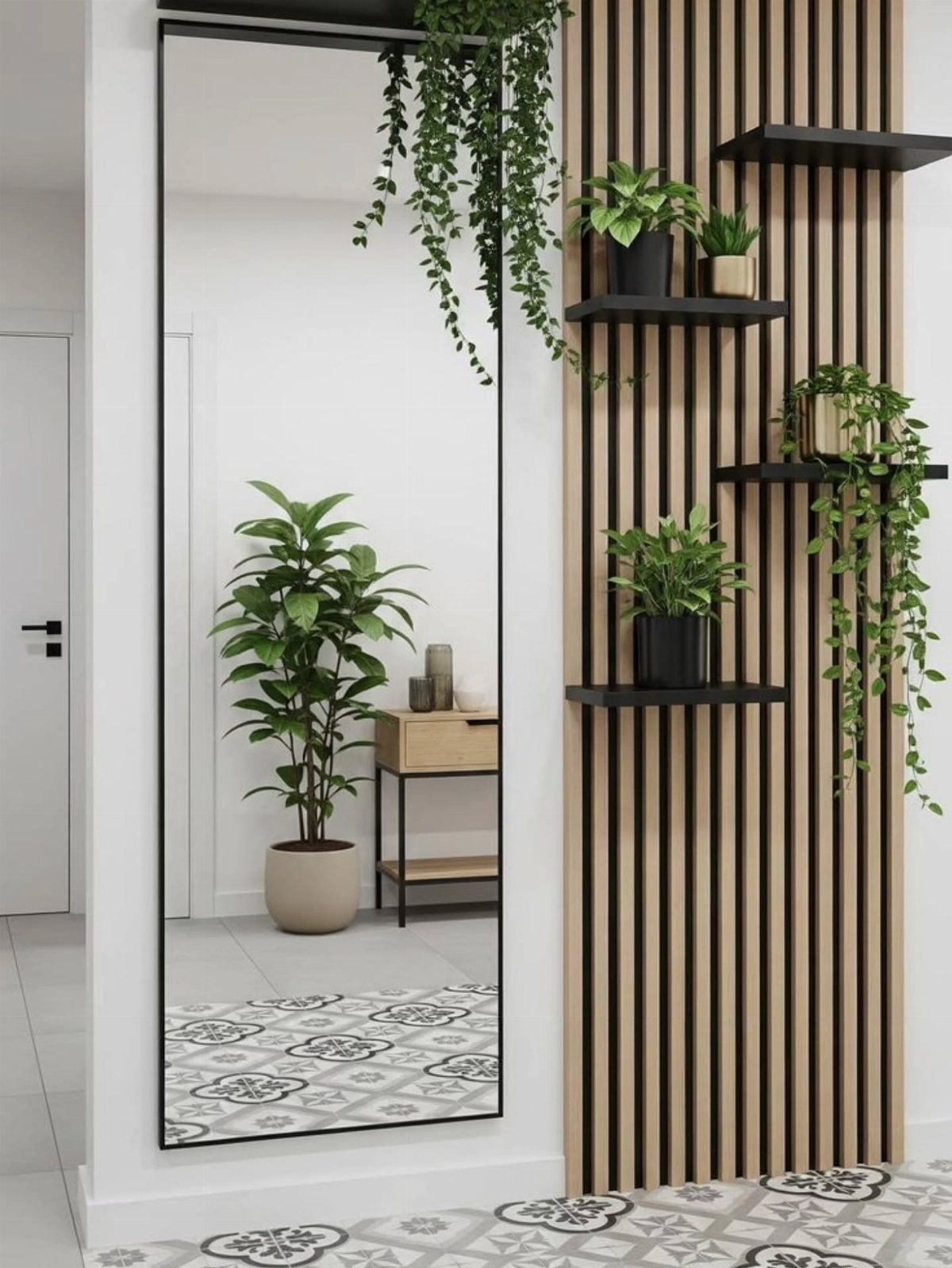 Tall black framed mirror leaning against a white wall next to wooden slats.