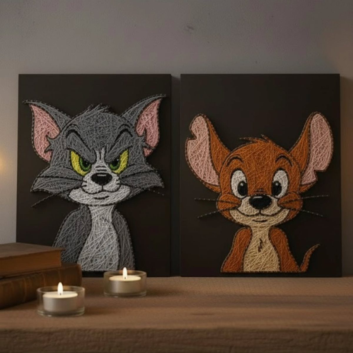 String art portraits of Tom and Jerry on black boards with tea light candles.