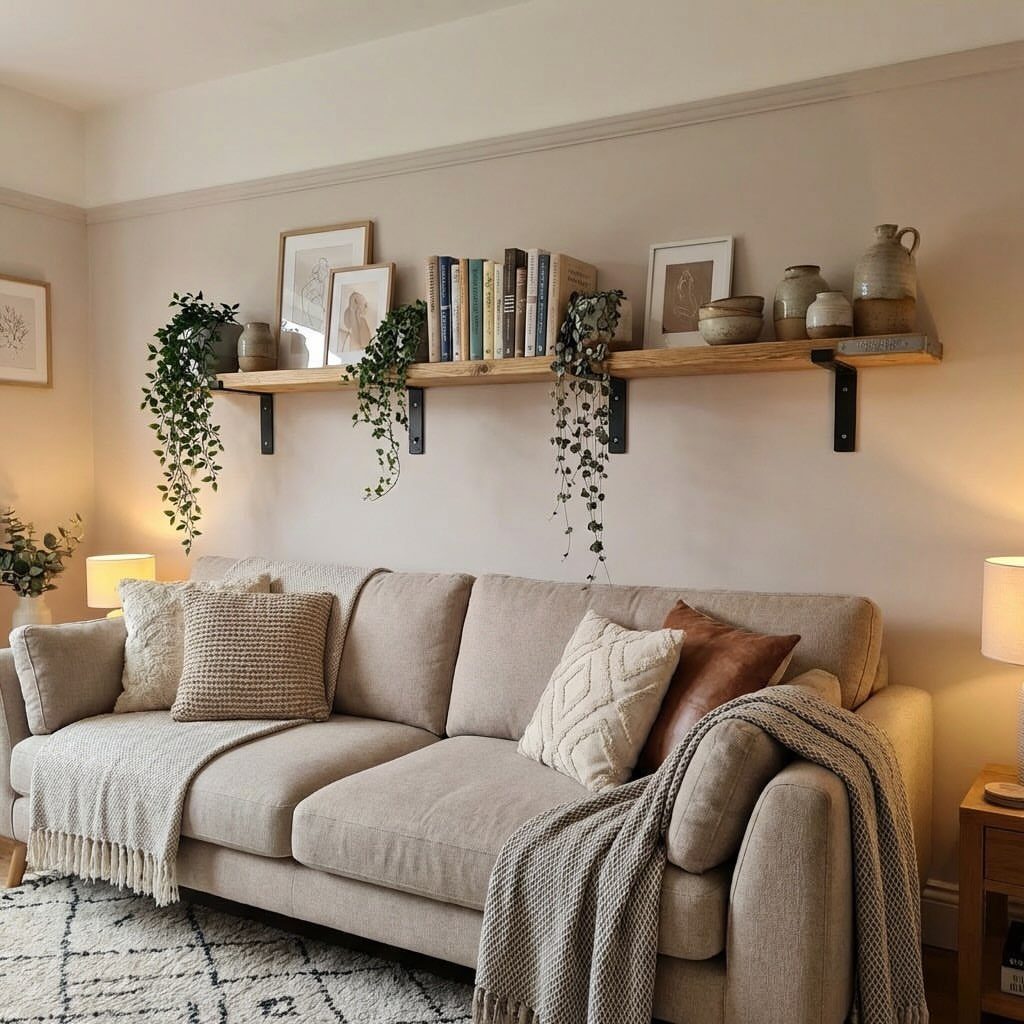 Wooden floating shelf with books and plants mounted above a beige fabric couch