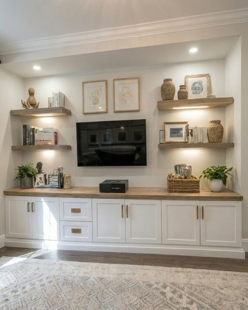 Flat-screen TV surrounded by wooden floating shelves and a white storage cabinet below.