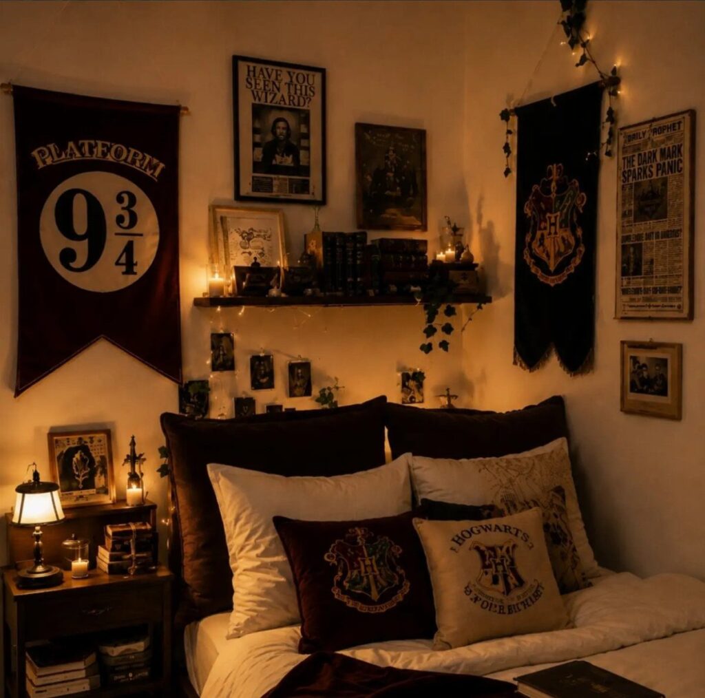 Harry Potter themed bedroom with banners, themed pillows, and warm ambient lighting.