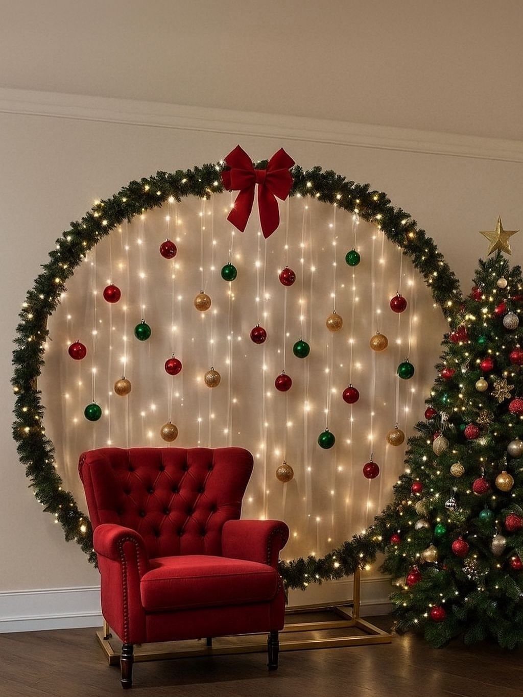 Red tufted armchair in front of a circular holiday backdrop with ornaments and lights