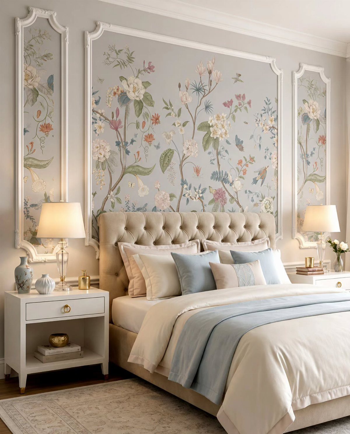 Floral wallpaper panels in white frames on a bedroom wall behind a bed