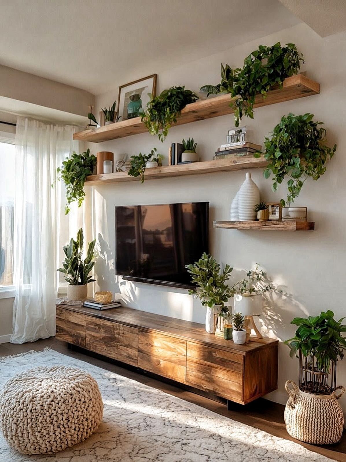 Wooden floating shelves with trailing green plants above a television and wooden console.