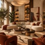 Modern living room with warm wood flooring, paneling, and organic sculptural furniture.