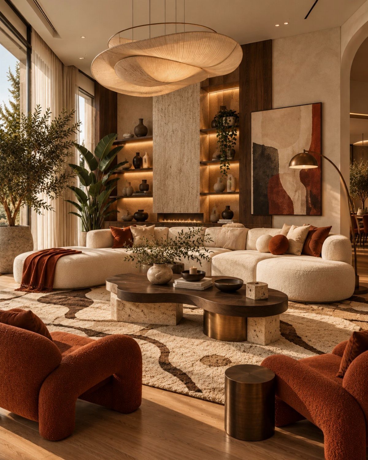 Modern living room with warm wood flooring, paneling, and organic sculptural furniture.