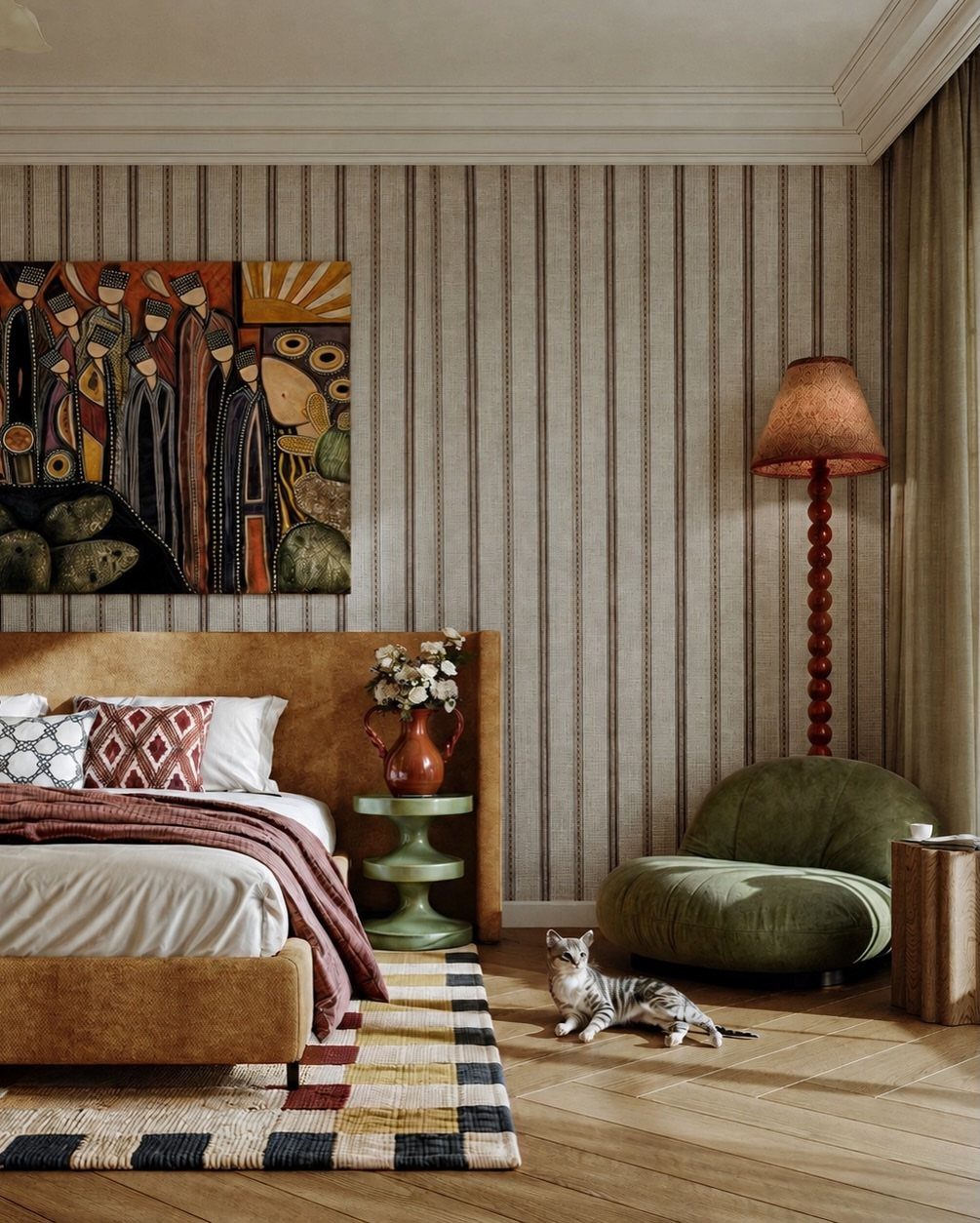 Olive green lounge chair in a bedroom with tan furniture and striped wallpaper