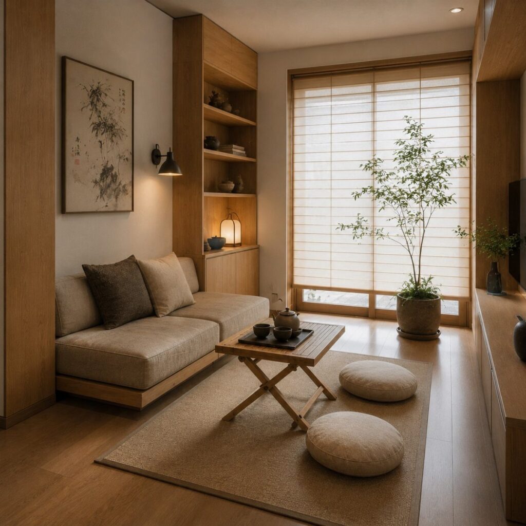 Minimalist Japanese living room with light wood furniture, shoji screens, and floor cushions.