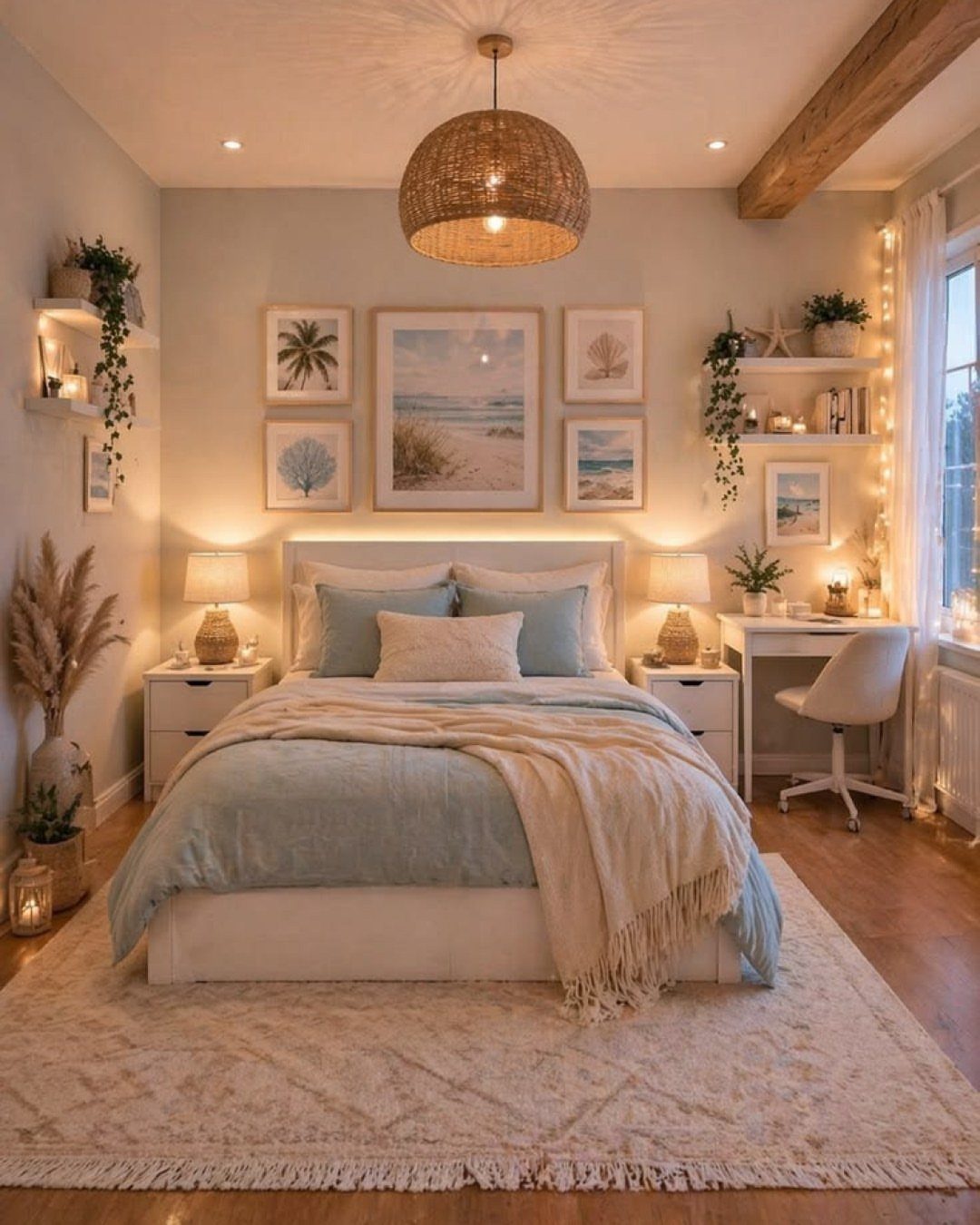 Cozy bedroom with light blue walls, blue bedding, and beach-themed wall art.