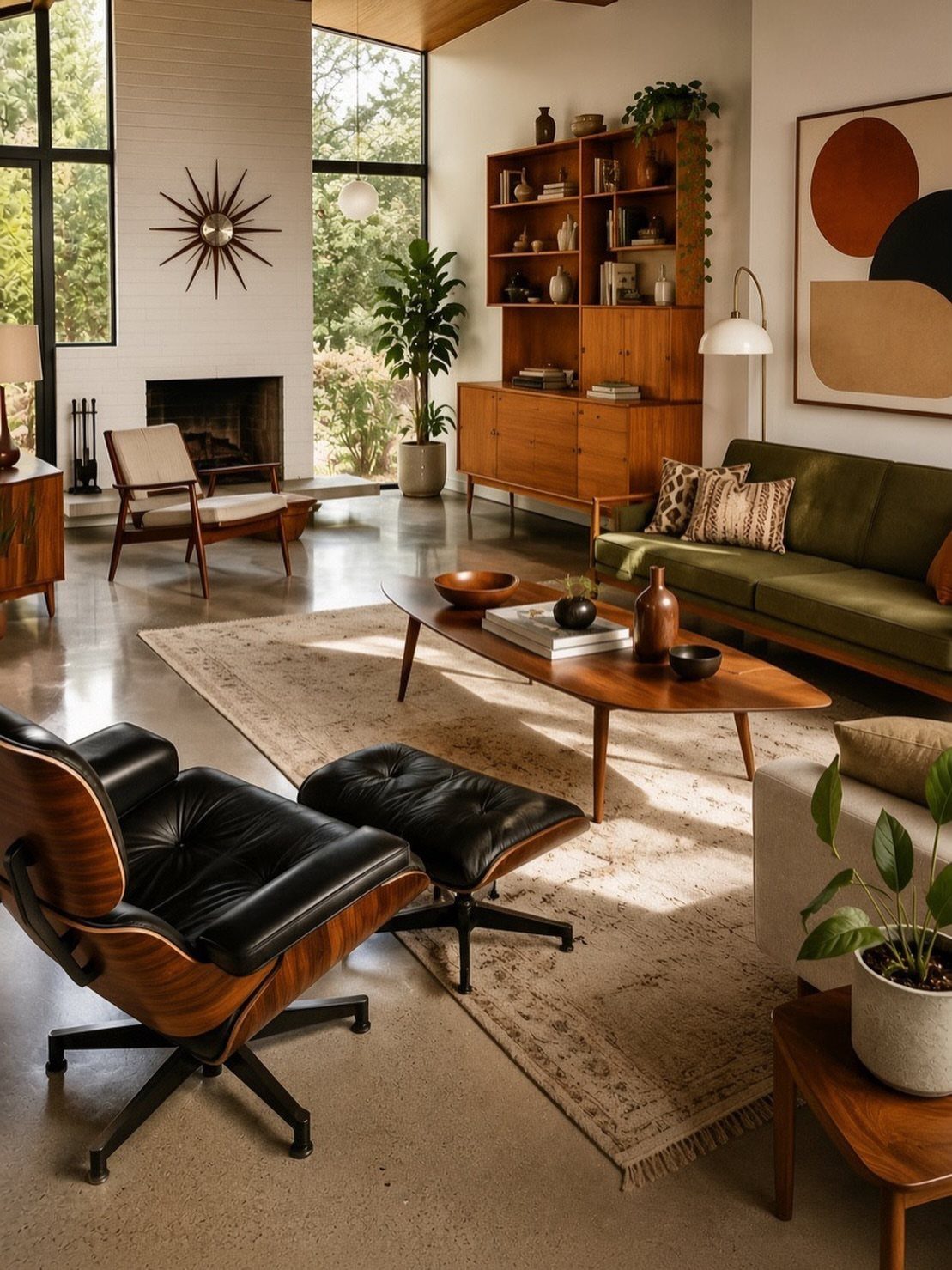 Black leather Eames lounge chair and ottoman in a bright mid-century modern living room.
