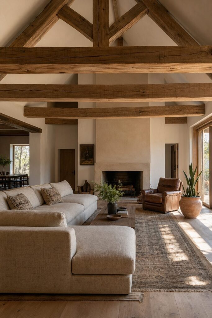 Modern barn living room with exposed wooden ceiling beams and neutral furniture.