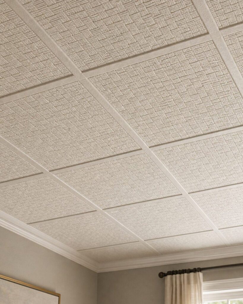 White textured drop ceiling with square grid panels and decorative crown molding.