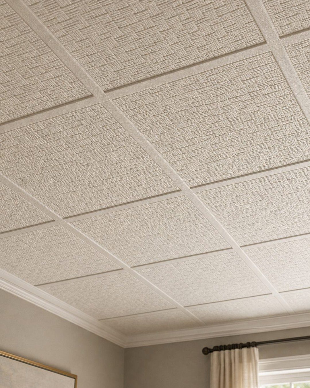 White textured drop ceiling with square grid panels and decorative crown molding.