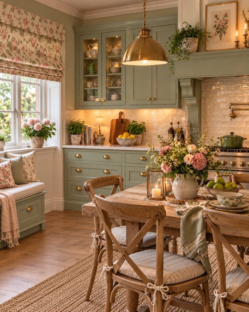 Sage green kitchen with wooden dining table, floral accents, and a cozy window seat.