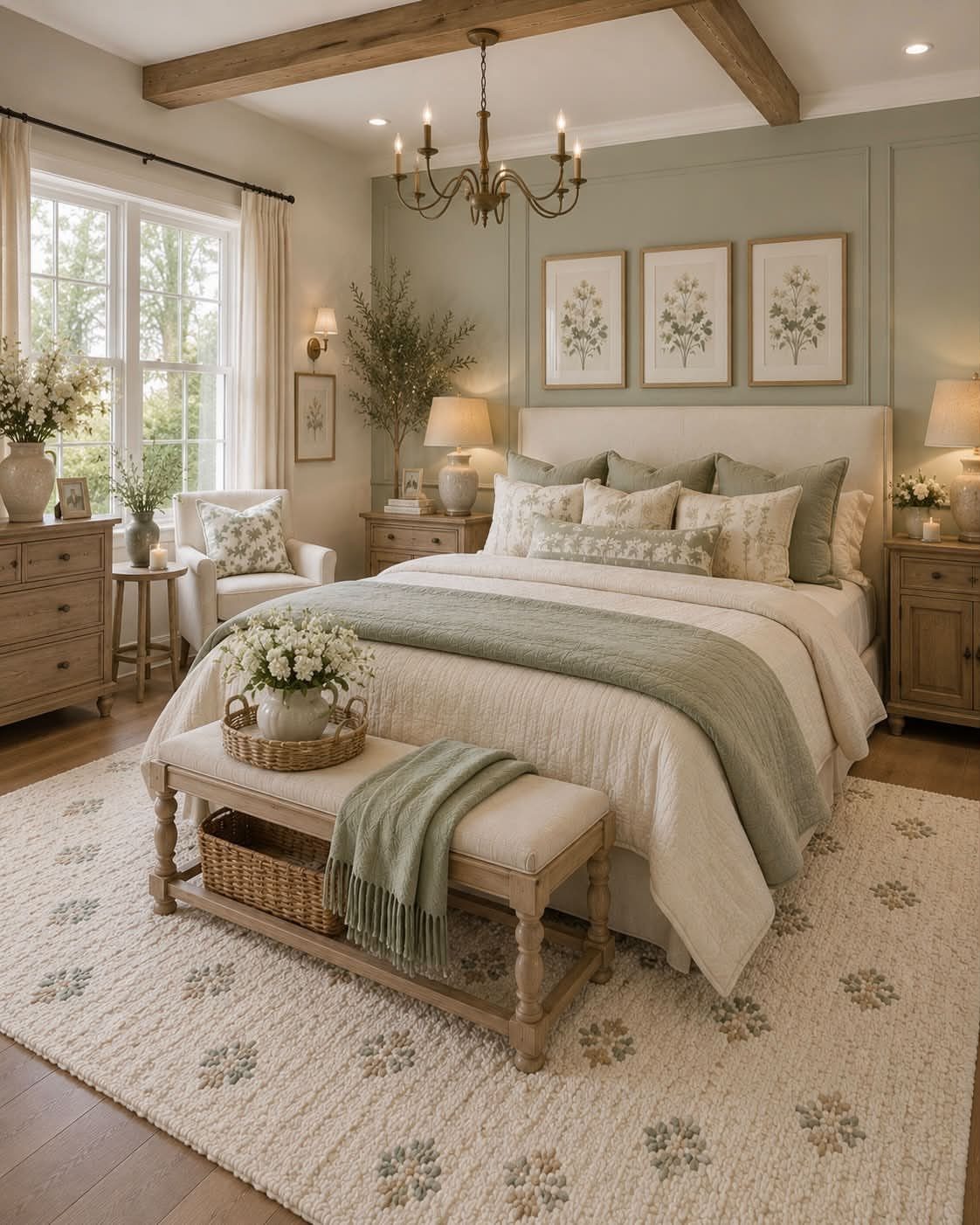 Bedroom with light green walls, neutral bedding, and rustic wooden ceiling beams.
