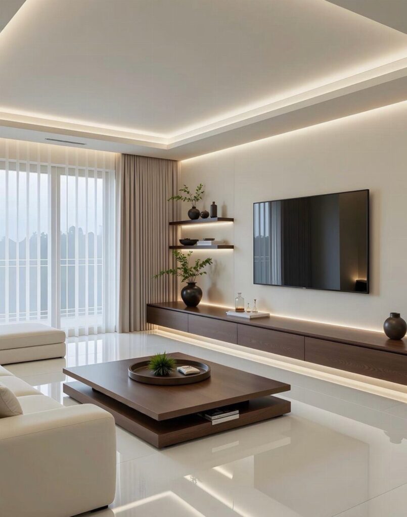 Modern living room with recessed ceiling lighting and a brown wooden coffee table