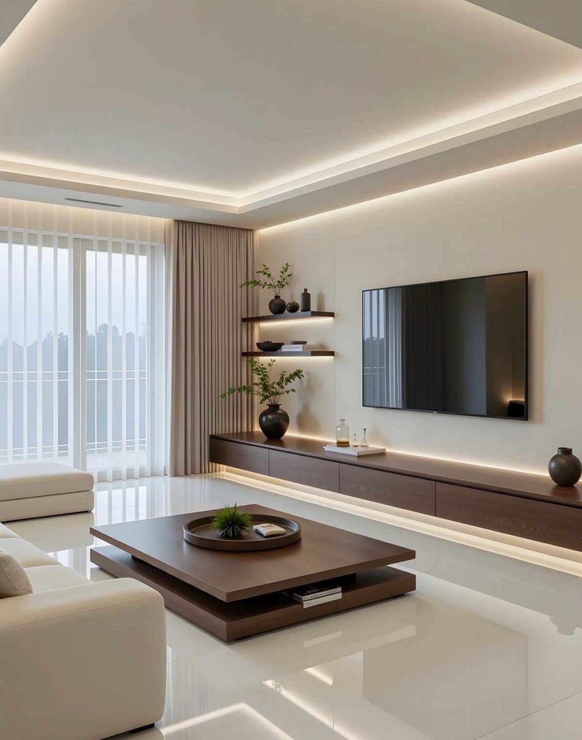 Modern living room with recessed ceiling lighting and a brown wooden coffee table