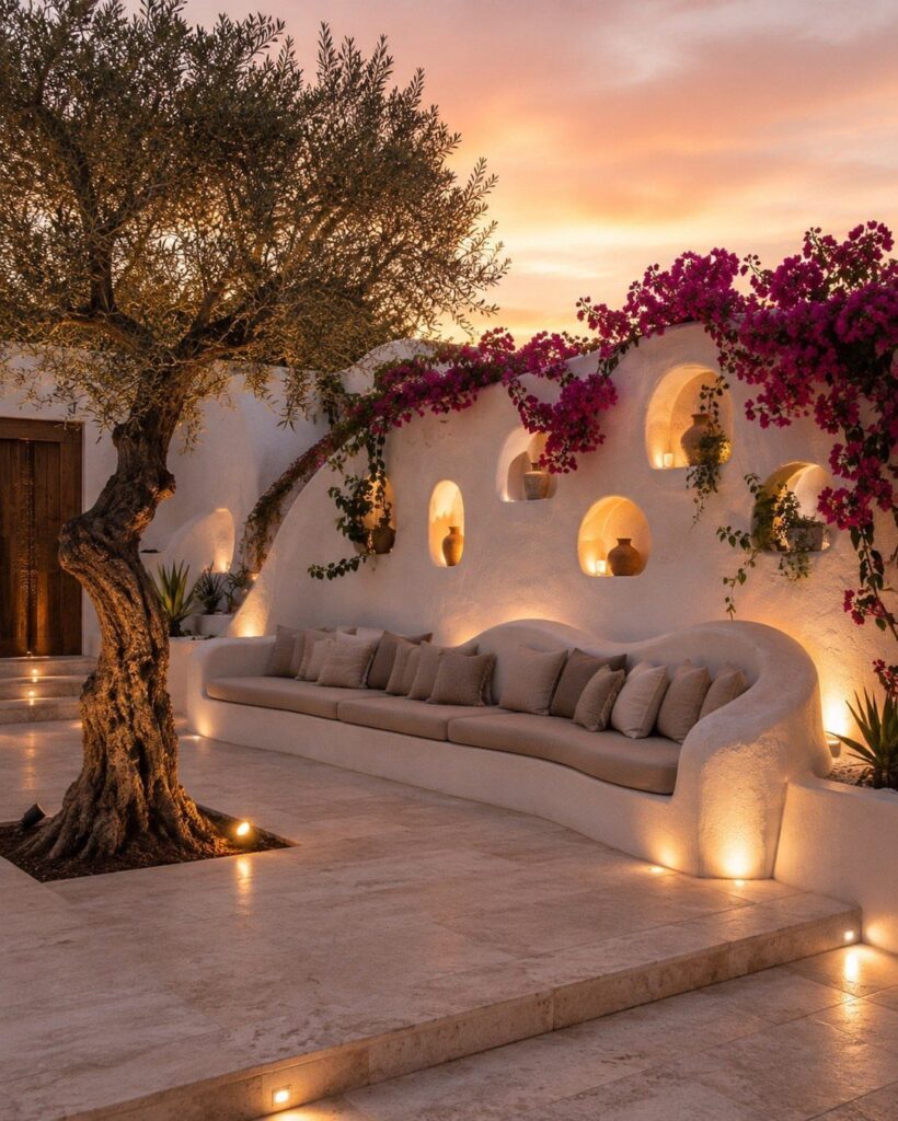 Mediterranean courtyard with white curved seating, an olive tree, and pink bougainvillea flowers.