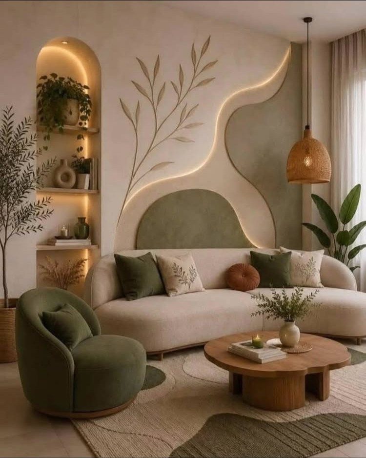 Modern living room with curved furniture, organic wall art, and neutral green tones.