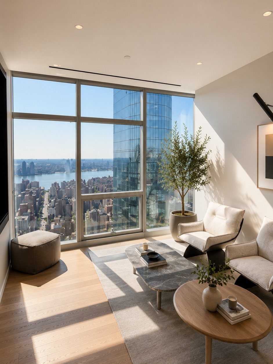 Modern living room with white chairs and large windows overlooking New York City skyline
