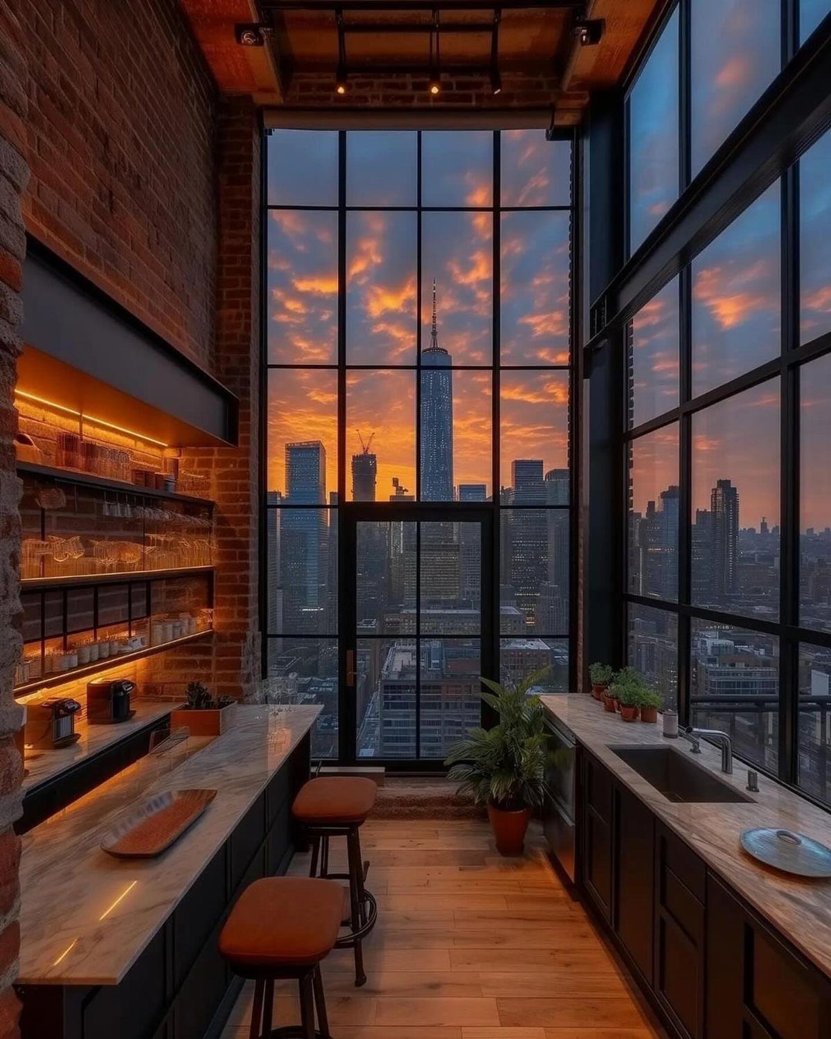 Industrial loft kitchen with brick walls and large windows overlooking New York City skyline.
