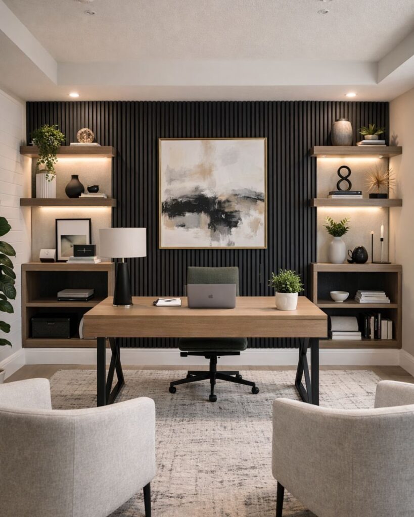 Modern office space with wooden desk, dark slatted wall, and abstract art painting.
