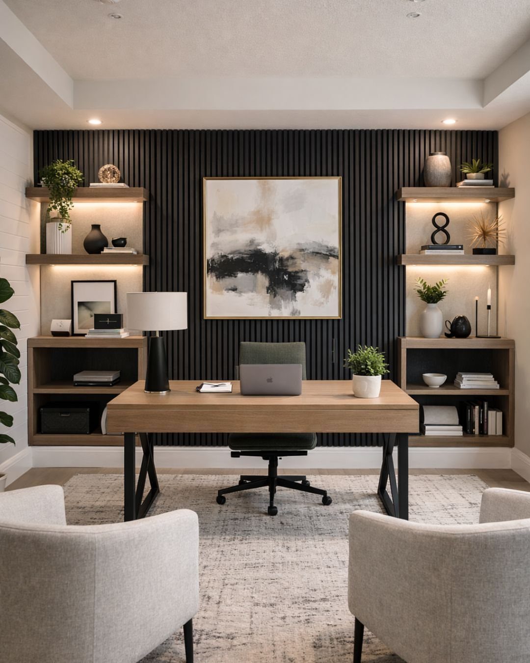 Modern office space with wooden desk, dark slatted wall, and abstract art painting.