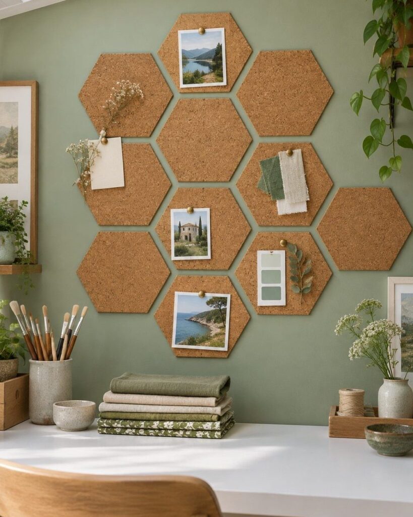 Hexagonal cork boards on a green wall above a white desk with art supplies.