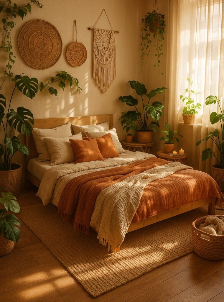 Wooden bed with terracotta linens and jute rug in a sunlit, plant-filled room.