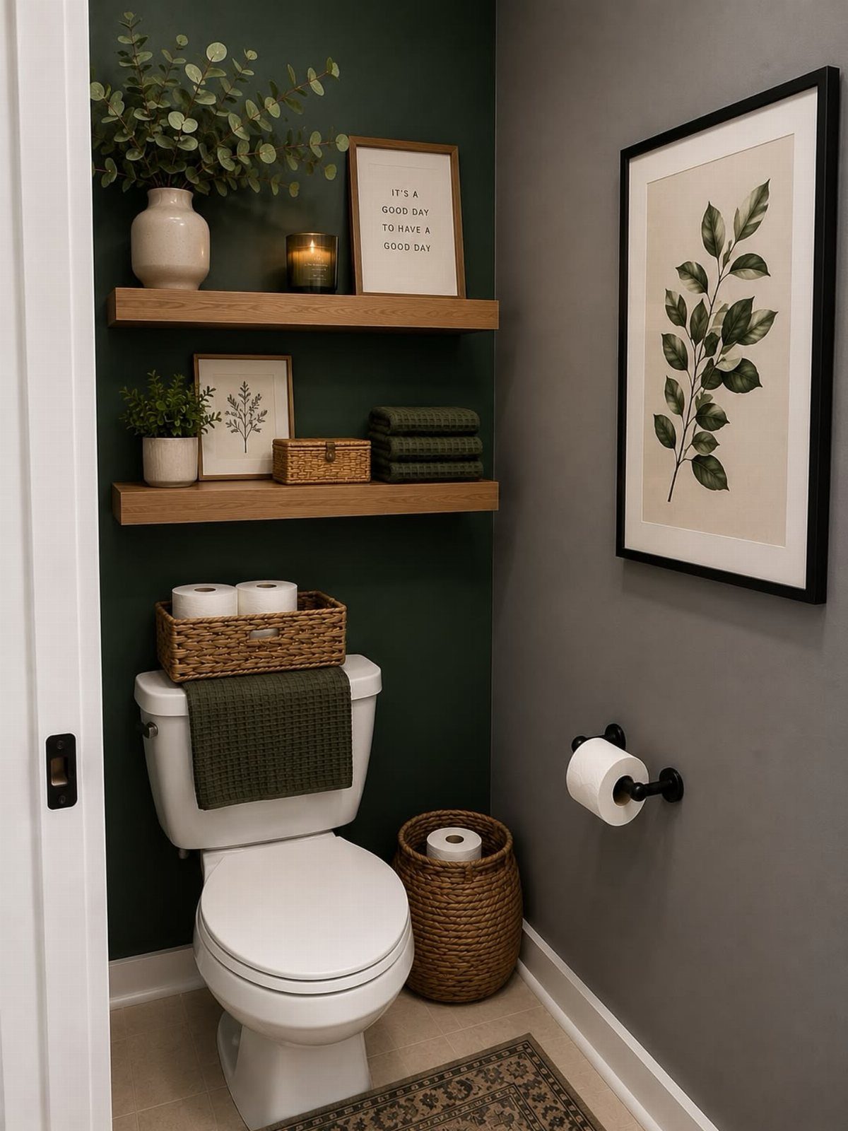 Wooden floating shelves with decor and plants mounted above a white toilet.