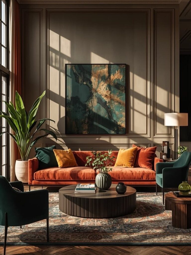 Orange velvet sofa and teal armchairs in a Parisian style living room.
