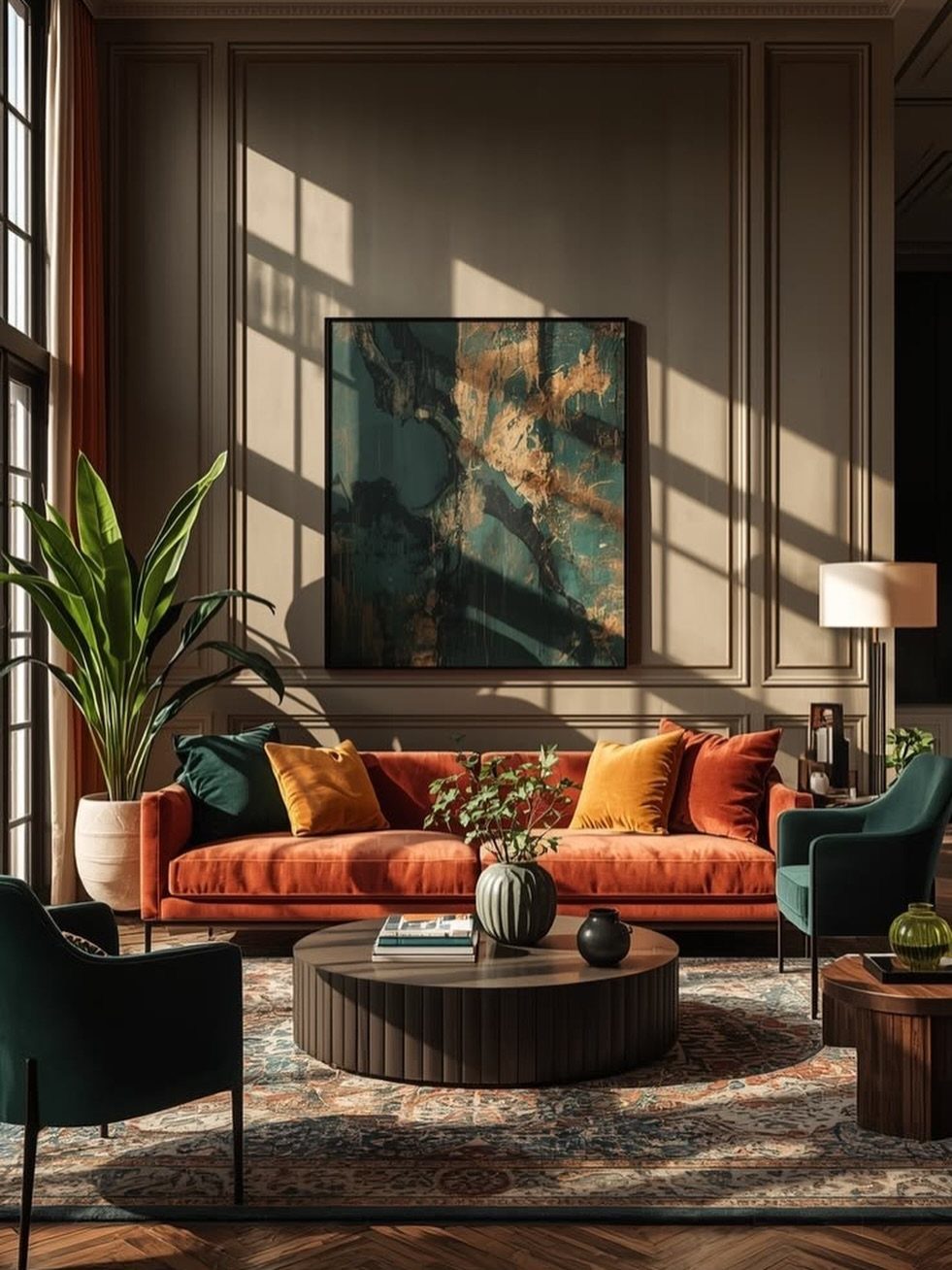 Orange velvet sofa and teal armchairs in a Parisian style living room.