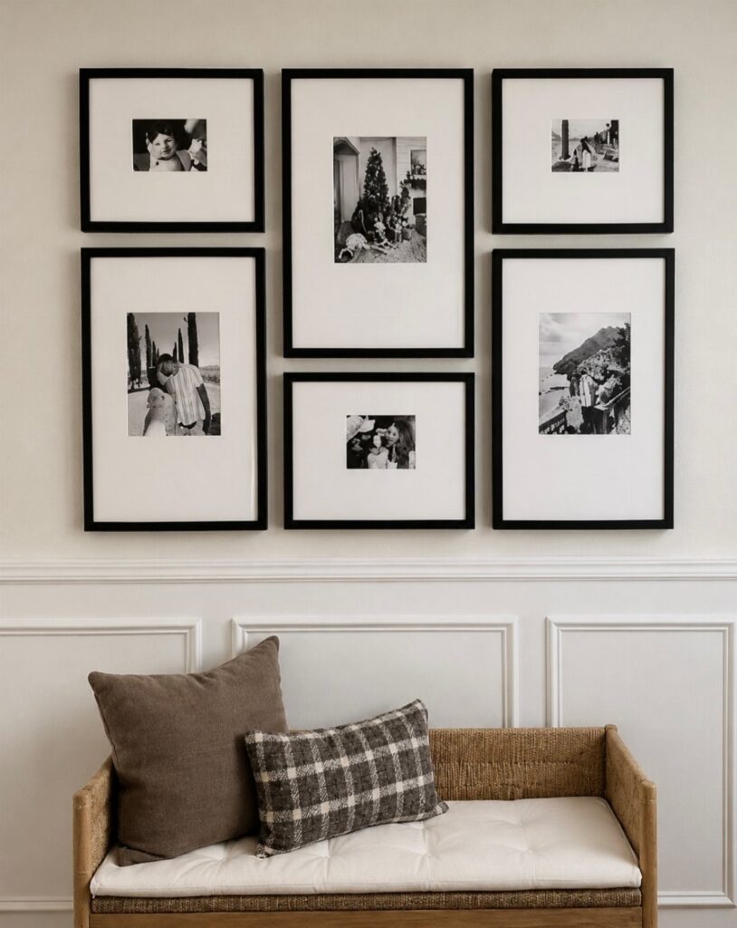 Black-framed black-and-white photos arranged on a wall above a woven couch with pillows.