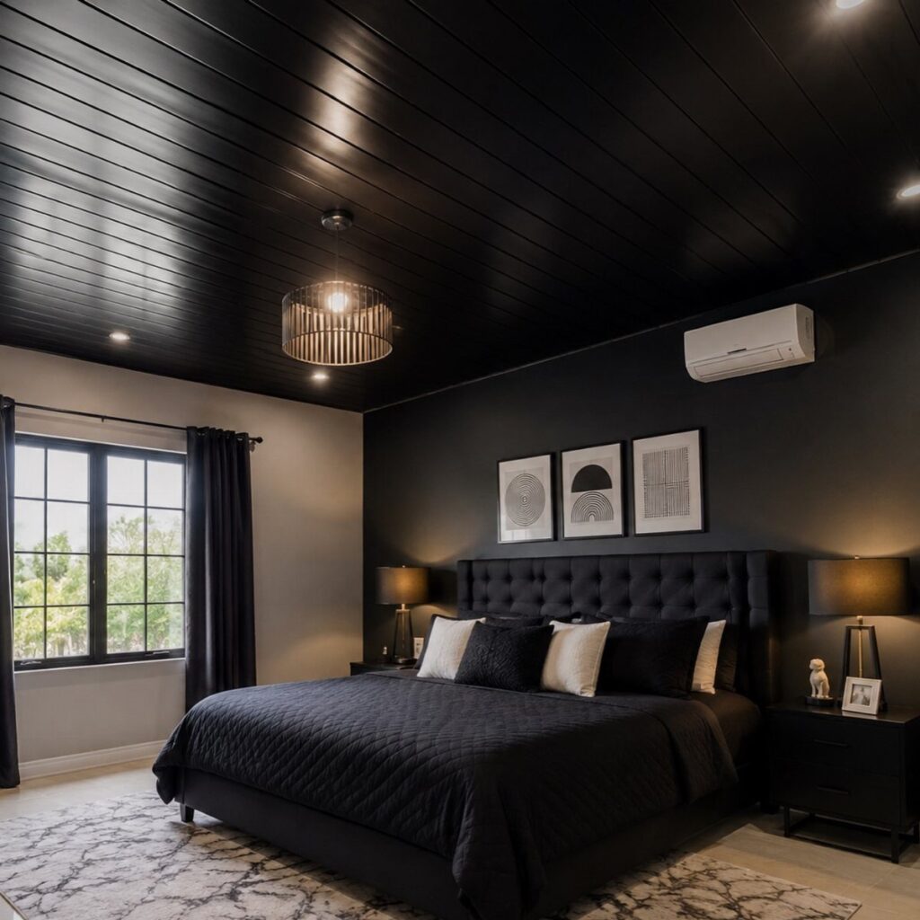 Modern bedroom with a black slatted ceiling, dark walls, and black bedding.